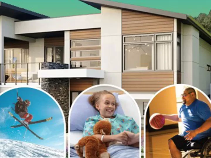 Dream home in the background with bubbles showing a child smiling in a hospital bed and another bubble with a man playing wheelchair basketball in a gym